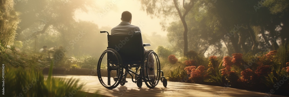 An elderly man sitting in a wheelchair in the garden, a sick senior man, banner
