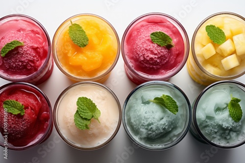 Multi-colored frozen ice drink made from juice. Sweet and very cold fruit lemonade. A variety with different cocktail flavors. Fruit smoothies in plastic cups with blueberry, strawberry, kiwi