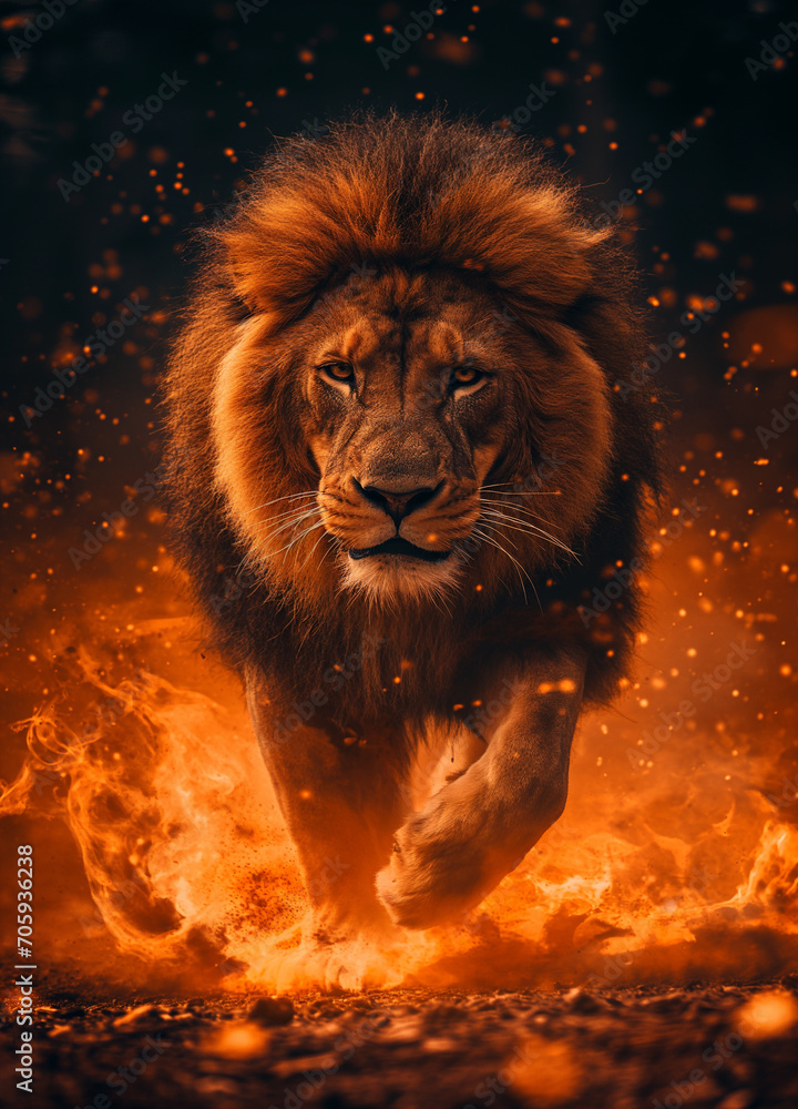 Lion's Roar in the Inferno: Fantasy Poster Featuring the Flaming Lion King Amidst Ashes, Embers, and Flames on a Black Background. Immerse Yourself in a Fiery Fantasy Wild Animal Collection.