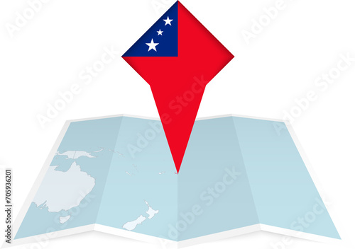 Samoa pin flag and map on a folded map