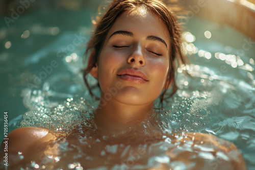 Pretty auburn haired woman relaxing in the water. eyes closed. Spa Serenity. Hot Tub Relaxation. Essence of Wellness with Carefree Zen Moments and Pure Cleanliness. Inner Peace and Well-being