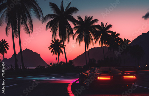 synthwave sports car on the road to the city concept rendering 