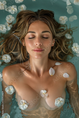 Beauty blond woman relaxing in the blue water. white floating petals. Spa Serenity. Hot Tub Relaxation. Essence of Wellness with Carefree Zen Moments and Pure Cleanliness. Inner Peace and Well-being