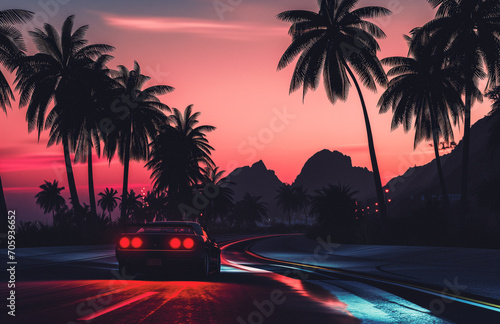 synthwave sports car on the road to the city concept rendering  © meta-frames
