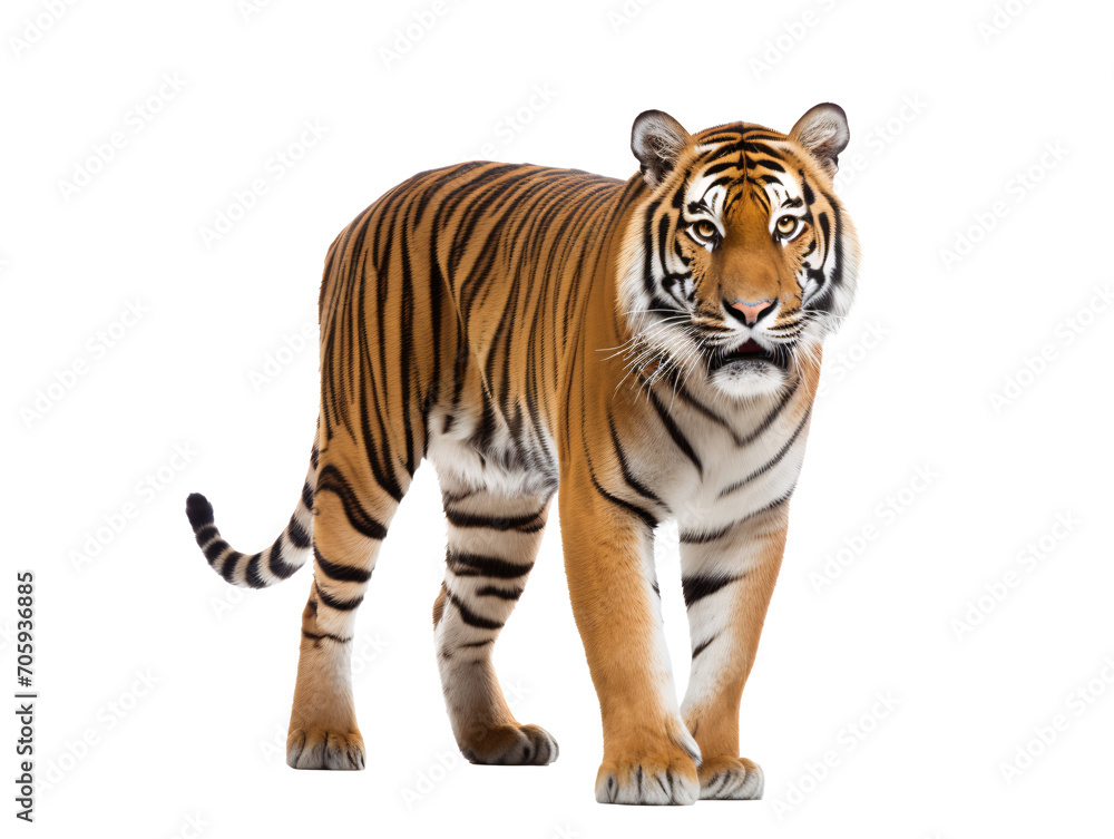 a tiger walking on a white background