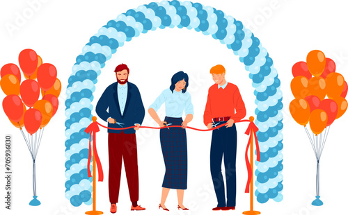 Three people cutting ribbon at grand opening ceremony. Businessman, businesswoman, and colleague celebrate with balloons. Corporate event, inauguration vector illustration.