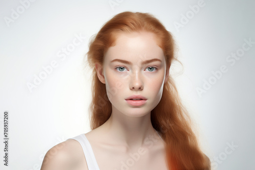 Portrait of a Beautiful Young Red Hair Woman With Healthy Skin and Natural Looking Makeup on White Background 