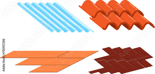 Set of various roofing materials metal, ceramic, wooden. Different textures and colors for construction vector illustration. Construction materials, roofing textures, building, architecture vector