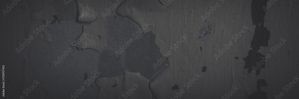 Dark wide panoramic background. Peeling paint on a concrete wall. Faded dark texture of old cracked flaking paint. Weathered rough painted surface with patterns of cracks. Shaded background for design - obrazy, fototapety, plakaty 