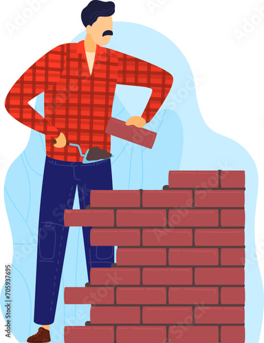 Man building brick wall, wearing red checkered shirt and jeans. Construction worker with mustache creating barrier. Obstacle metaphor, problem solving concept vector illustration.