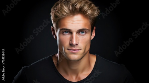 Portrait handsome tanned young man with blonde hair in black T-shirt on dark background