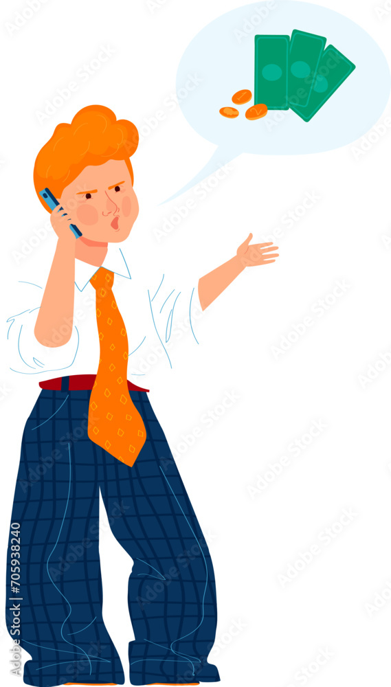 Ginger-haired man talking on phone about money, wearing a white shirt and orange tie. Finance discussion, money matters vector illustration. Ginger-haired man talking on phone about money, wearing a white shirt and orange tie. Finance discussion, money matters vector illustration.