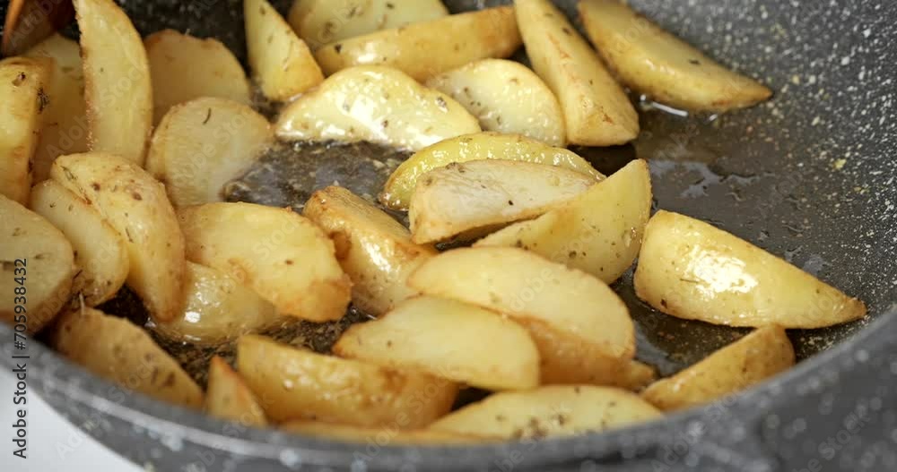 Cooking of potatoes in a pan, close-up Cooking of potatoes in a pan, close-up