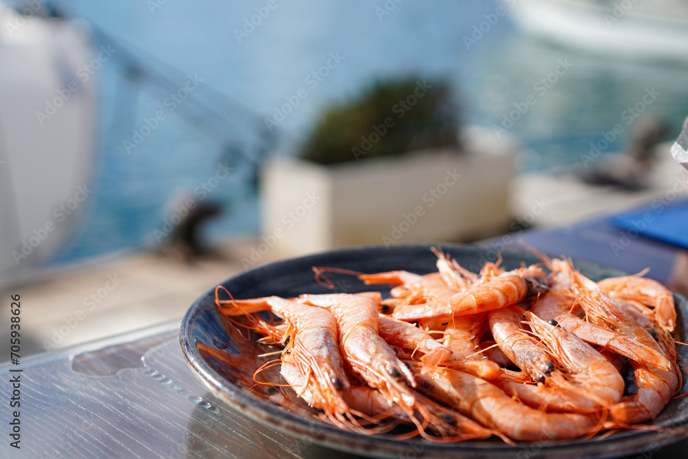 Close up of Spanish very popular tapas, Gambas de Huelva ( shrimps from Huelva in Spain)	
