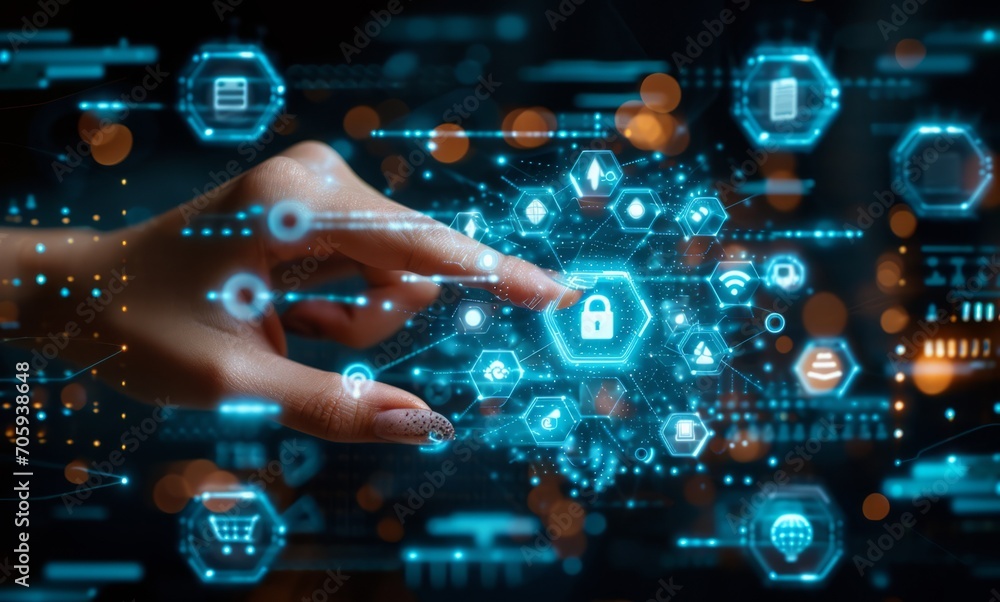 hand pushing icons for user data control, technology concept. hand pushing icons for user data control, technology concept.