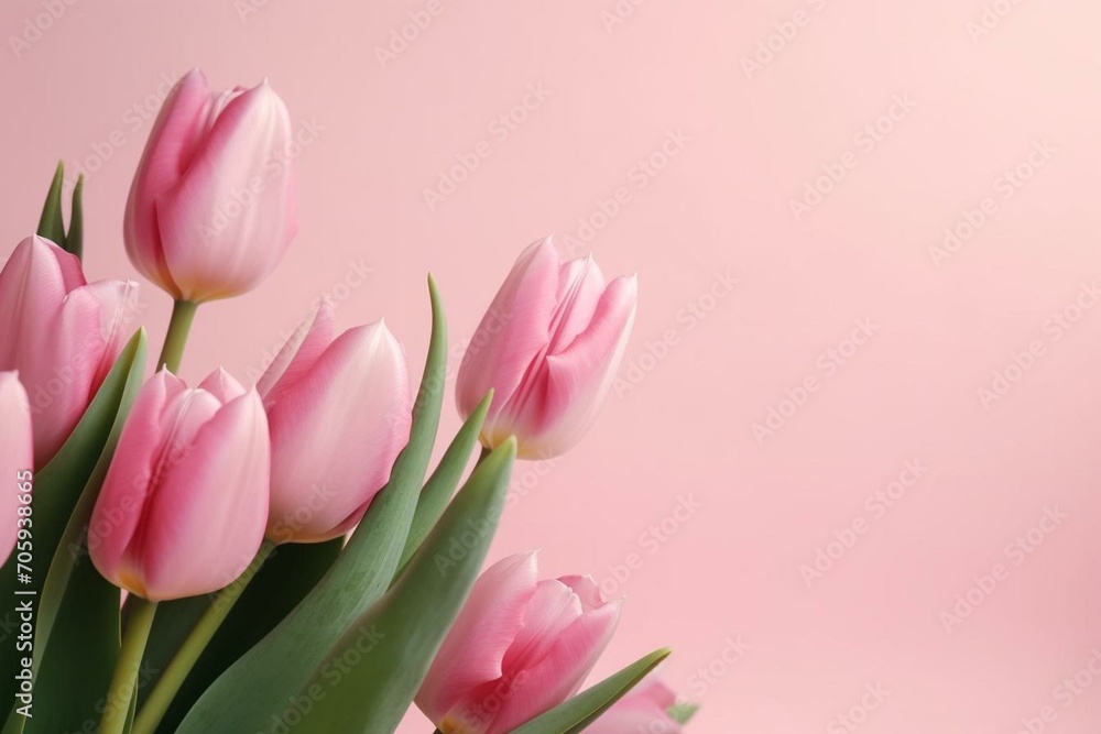 Beautiful tulips on a pale pink backdrop, dainty, ideal for various projects, and with space for your text. Generative AI
