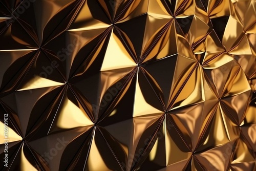 Golden 3D wallpaper with polished triangular tiles. Generative AI