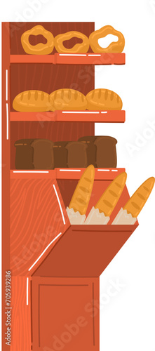 Bakery shelf with various breads including baguettes. Illustration of wooden bakery display with bread. Grocery store bread section vector illustration.