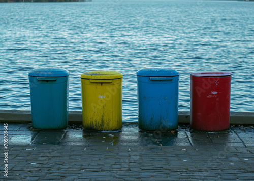 Colorful recycling bins by the water for environmental, waste management, or sustainability themes.