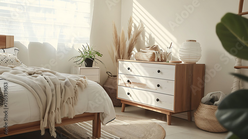 Wooden drawer chest against window. White nightstand near wooden bed. Minimalist boho interior design of modern bedroom photo