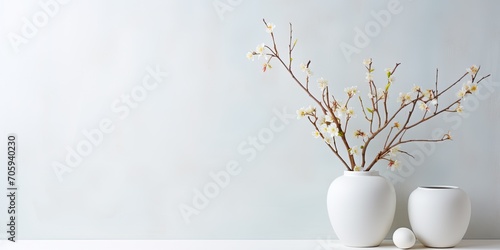 Easter-themed background with space for text, white vase with Easter egg adorned branch