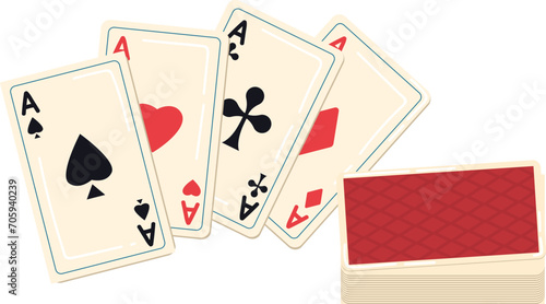 Ace cards of all suits with red back design. Cards depicting aces of spades, hearts, clubs, and diamonds vector illustration.