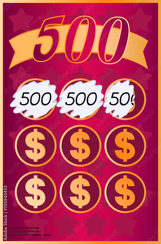 Scratch card with three winning 500 dollar amounts revealed. Gambling ticket design showcasing cash prize symbols.