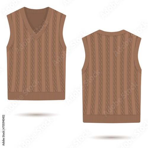 Brown cable knit vest template, front and back view
