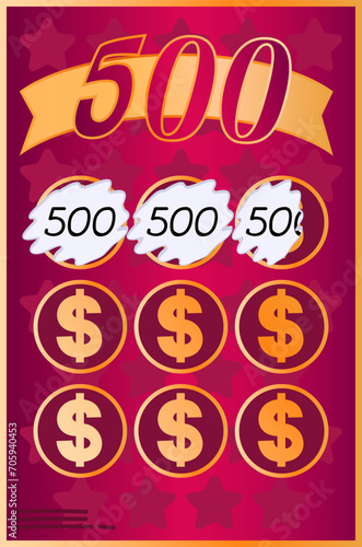 Scratch card with three winning 500 dollar amounts revealed. Gambling ticket design showcasing cash prize symbols.