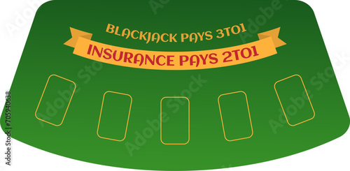 Green blackjack casino table with spots for cards, text for blackjack and insurance pays. Gambling table design for card games, casino equipment. Vector illustration
