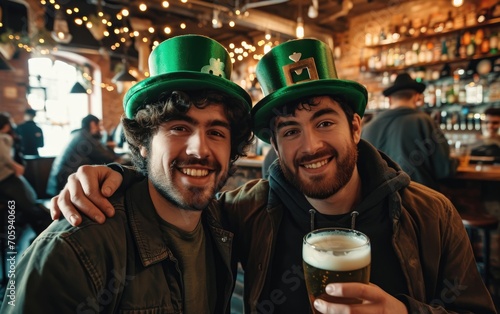 Two funny men with green hats in bar are enjoying their st patrick's day