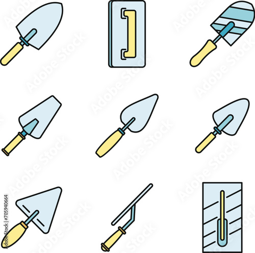 Trowel tool icons set. Outline set of trowel tool vector icons thin line color flat on white