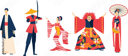 Traditional Japanese characters in various costumes. Samurai, geisha with umbrella, kabuki actor, and man in kimono. Japanese culture, traditional clothing, and performing arts vector illustration.