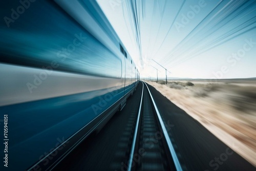 A fast train ride captured in sharp focus with surroundings blurred into a serene blue haze. Rapid. Generative AI