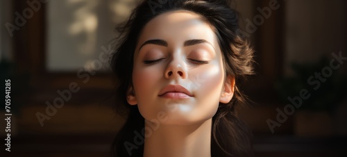 Facial yoga for calm relaxed satisfied happy woman. Facial yoga as part of a holistic skincare routine. Horizontal photo for banners, posters, advertising.