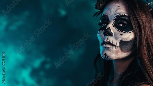 Close up portrait of female with skull make up, Female portrait in Catrina Calavera style close up horizontal, copy space.