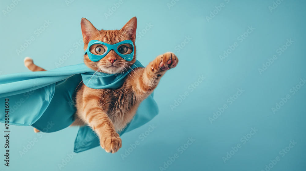 superhero cat, Cute orange tabby kitty with a blue cloak and mask jumping and flying on light blue background with copy space. The concept of a superhero, super cat, leader, funny animal studio shot. - obrazy, fototapety, plakaty 