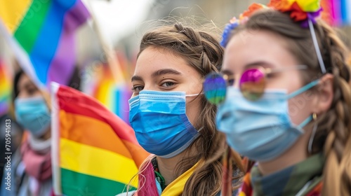 Gay people smiling at pride parade with LGBT flags while wearing protective face mask ,Cheerful gay pride and lgbt festival.