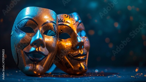 Two metallic gold masquerade masks on black stage background with copy space. Carnival or Masquerade, masks for theater dramatic life concept. photo