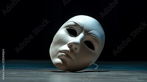 mask in black, White opera mask abandon on dark stage, Halloween, copy space.