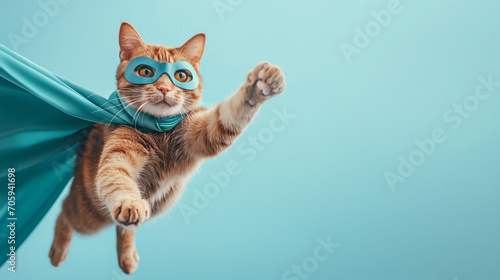 superhero cat, Cute orange tabby kitty with a blue cloak and mask jumping and flying on light blue background with copy space. The concept of a superhero, super cat, leader, funny animal studio shot. © JW Studio