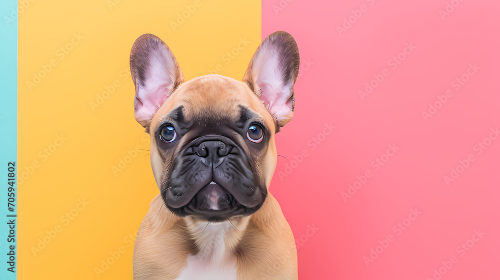 Cute French Bulldog with a head tilt, on a bright, pastel-colored background