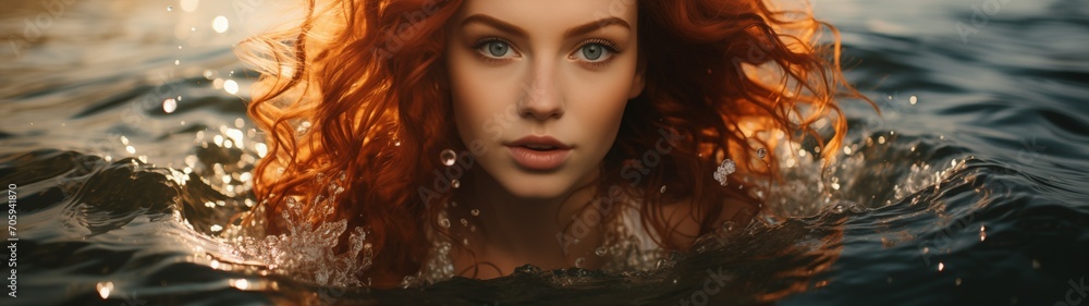 Curly red hair woman on water. 
The woman dives in the sea.