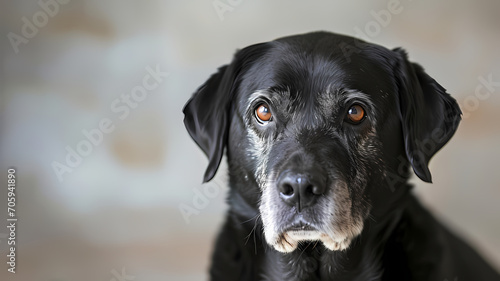 Portrait of a senior Labrador Retriever with wise eyes, against a soft, muted background photo