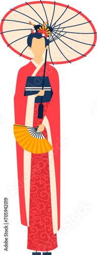 Asian woman in traditional red kimono holding a paper fan and umbrella. Elegant geisha with hair ornaments. Japanese culture and fashion vector illustration.