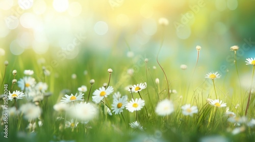 Spring nature landscape with green grass and wild chamomiles blurred background. Generate AI image