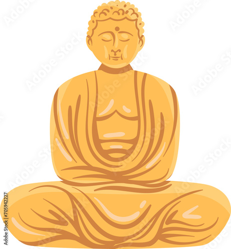 Golden Buddha statue in meditation pose. Serene Buddhist icon for spirituality. Peaceful meditation and enlightened vector illustration.