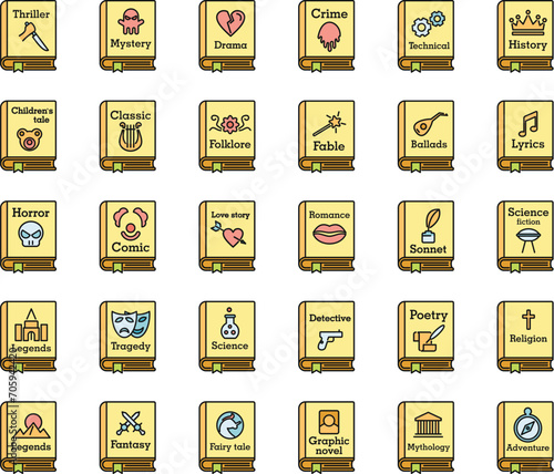 Literary genres book icons set. Outline set of literary genres book vector icons thin line color flat on white
