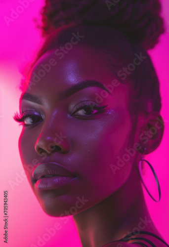 Close-Up of Black Woman with Updo Hairstyle Bathed in Pink Neon Light