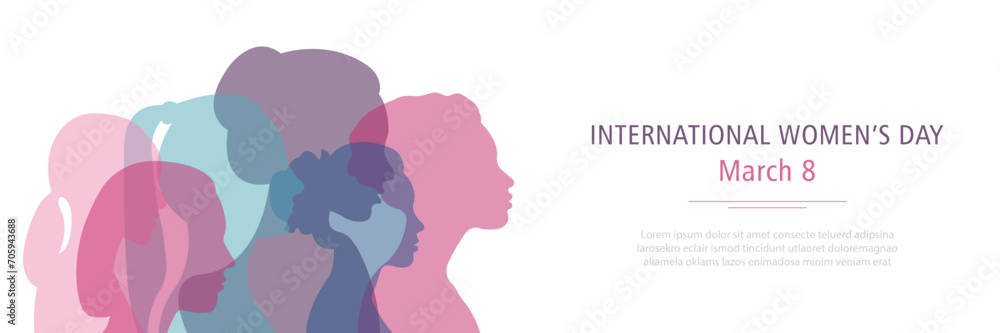 Horizontal banner for International Women's Day. Silhouettes of women of different nationalities standing side by side.Vector illustration. - obrazy, fototapety, plakaty 